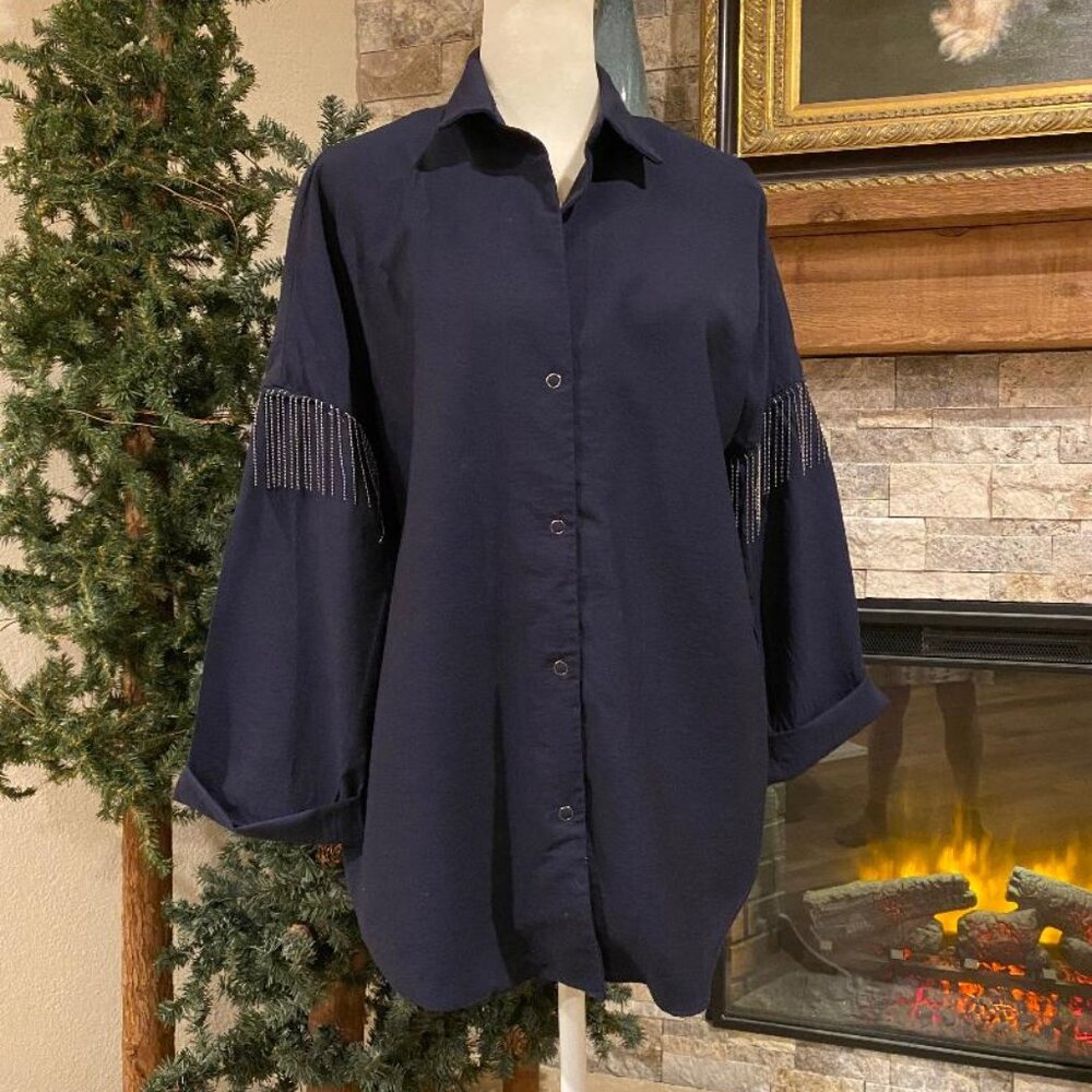 ZARA Navy Blue Metallic Fringe Shirt Lapel Collar Long Sleeves Snaps Size Medium